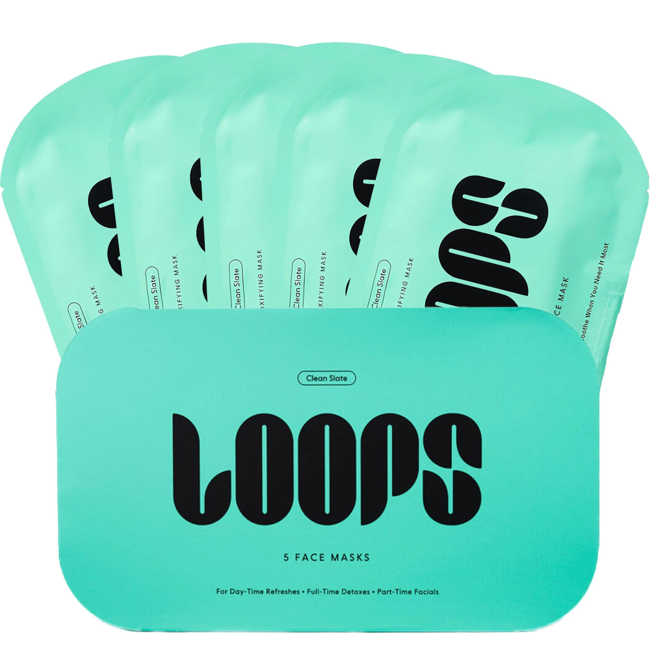 LOOPS CLEAN SLATE packaging on a bathroom counter highlighting detoxifying hydrogel formula