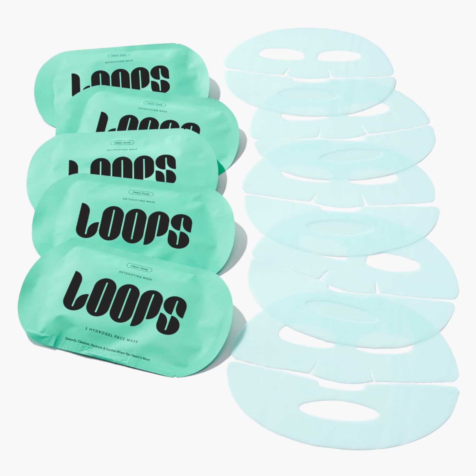 LOOPS CLEAN SLATE detoxifying hydrogel sheets demonstrating purifying treatment for pores