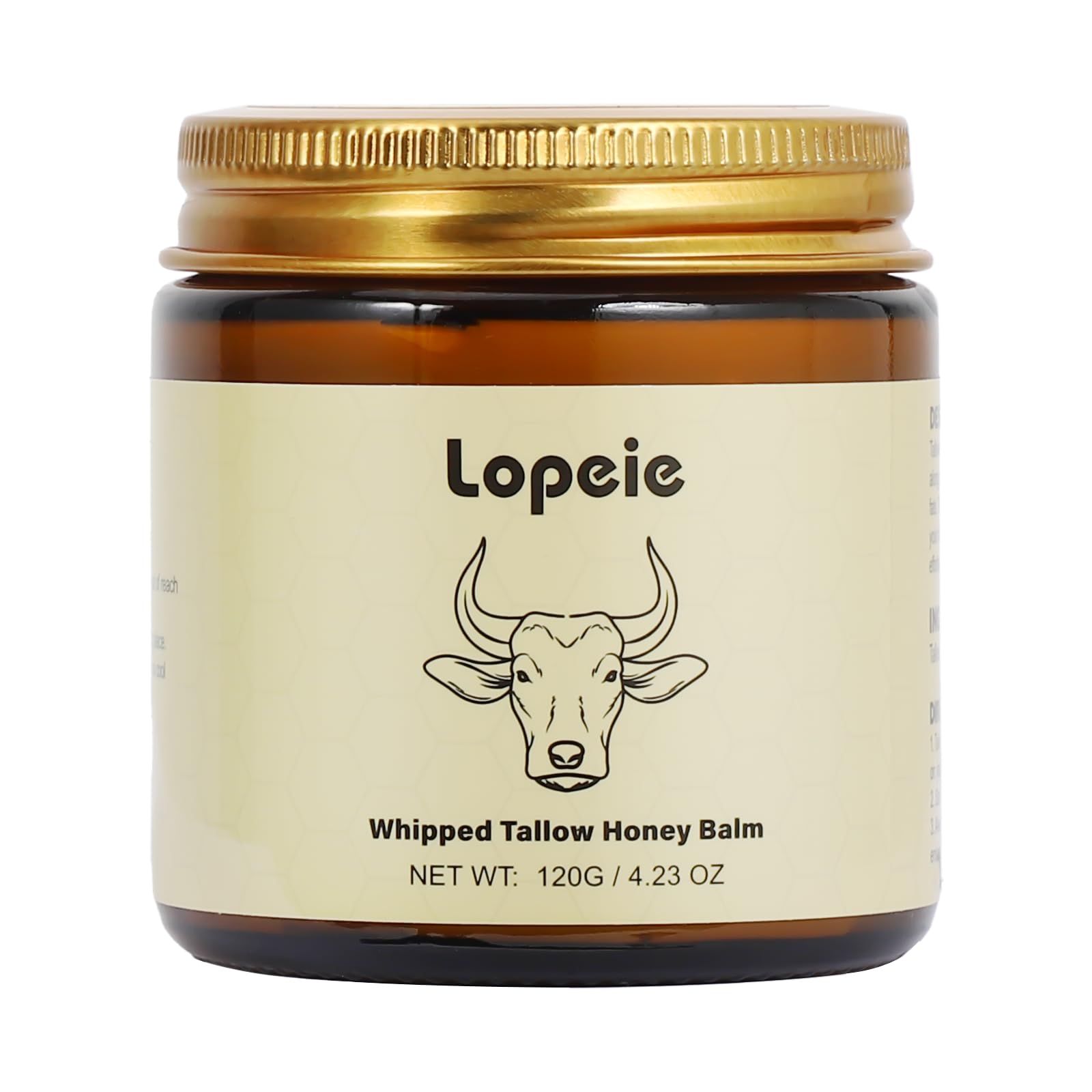 Lopeie Beef Tallow jar with swatch demonstrates rich, hydrating texture for dry skin.