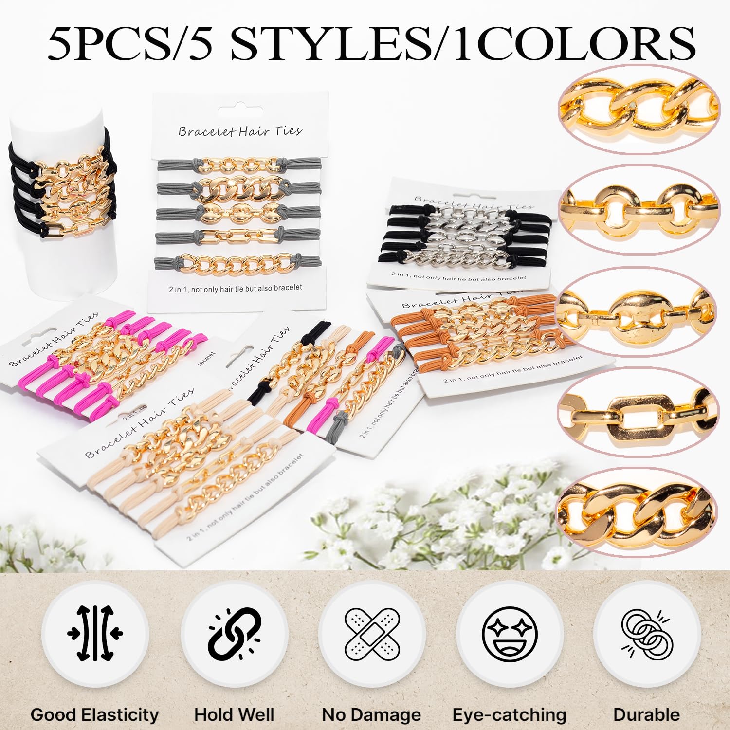 Loqpol Cuban Chain charm hair tie provides durable grip and trendy elegance.