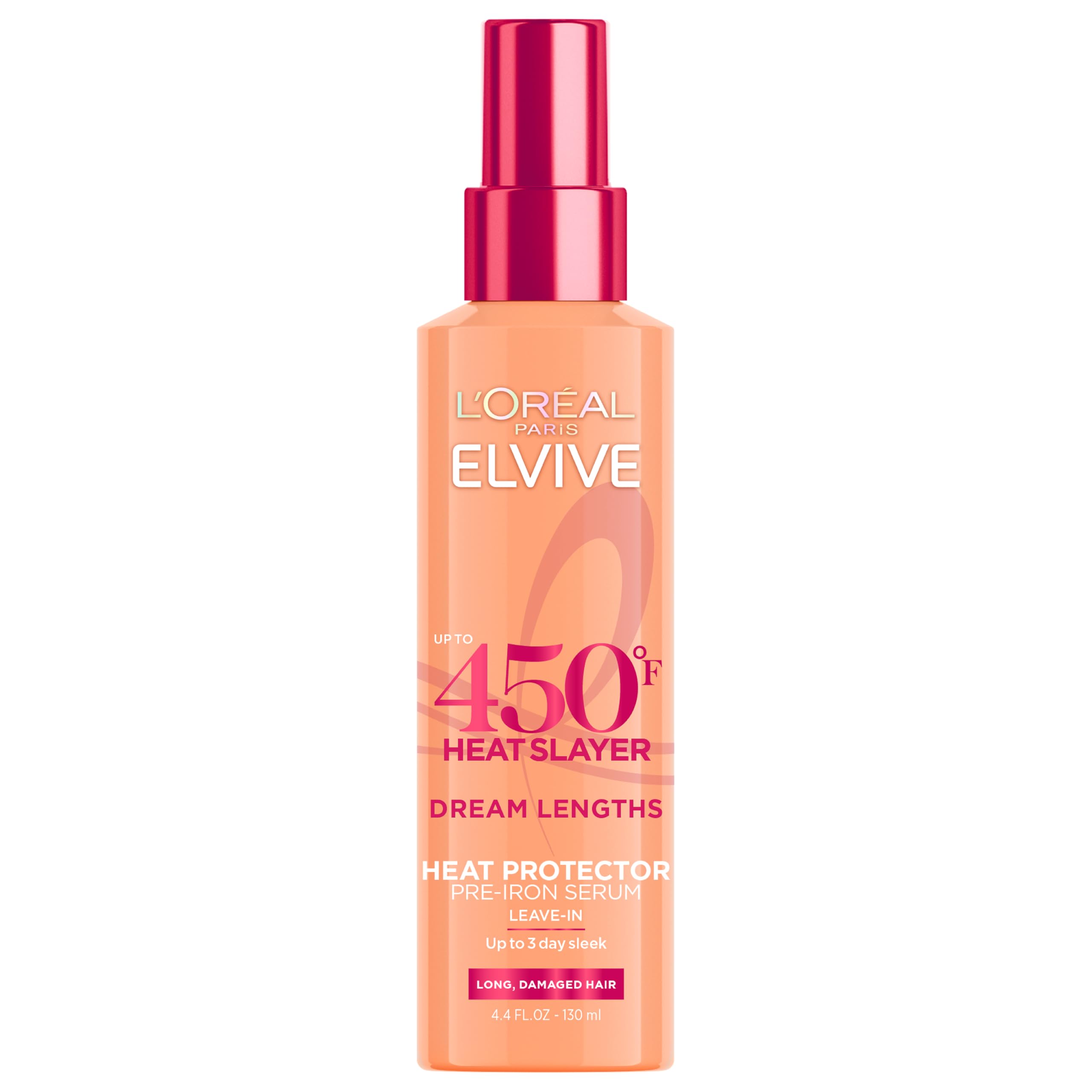 L'Oreal Paris front bottle of Heat Slayer pre-iron spray showing packaging and benefit