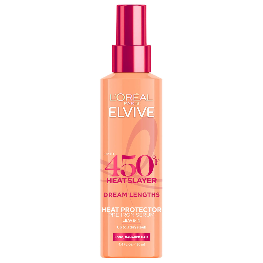 L'Oreal Paris front bottle of Heat Slayer pre-iron spray showing packaging and benefit