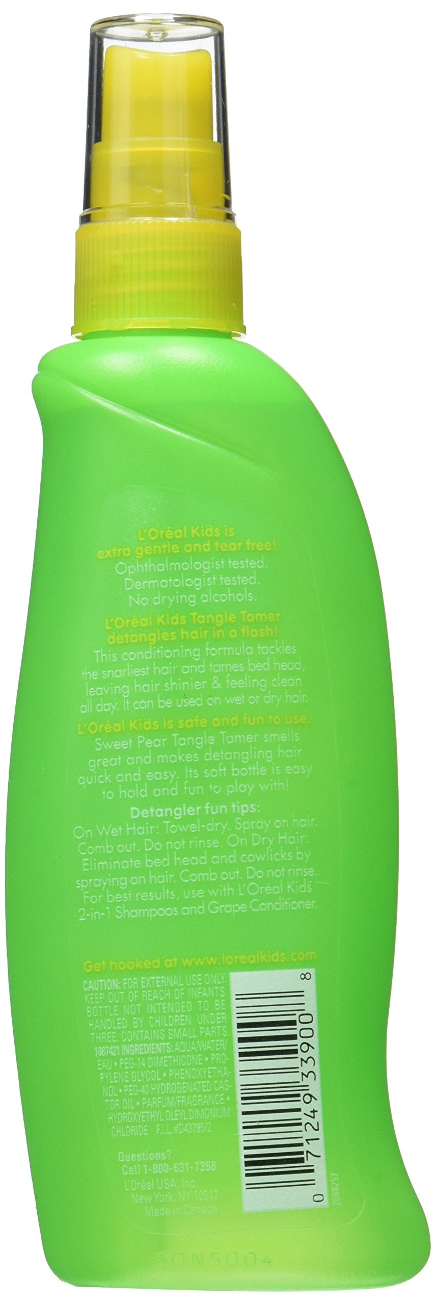 L'Oreal Kids Pear Tangle Tamer spray-action demonstrates gentle conditioning for knot-prone hair without tears.
