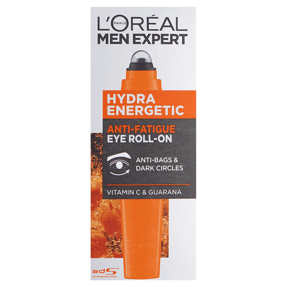 L’Oréal Men Expert Hydra Energetic Eye Roll-On close-up bottle highlights refreshing fatigue-fighting formula.