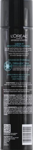 L'Oreal Paris Lock It spray used at distance for precise setting.