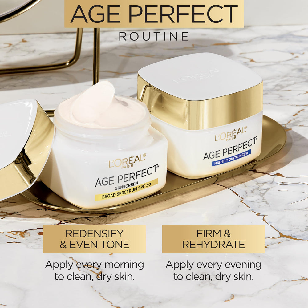 Bottle and ingredient list on L'Oreal Paris Age Perfect packaging highlights skin-supporting ingredients.
