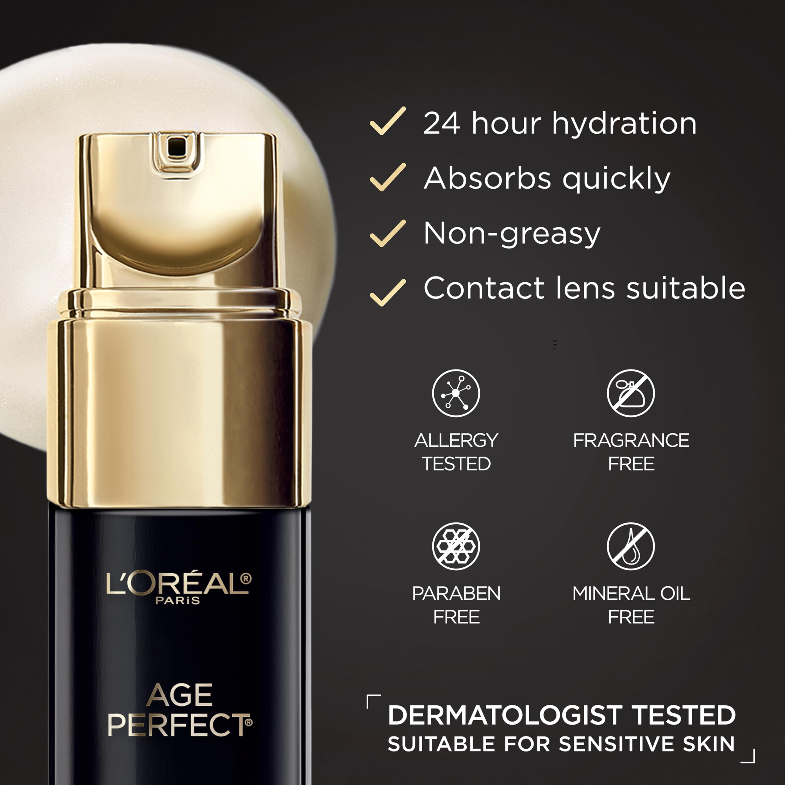 L'Oreal Paris Age Perfect Eye Cream label highlights antioxidant recovery complex.