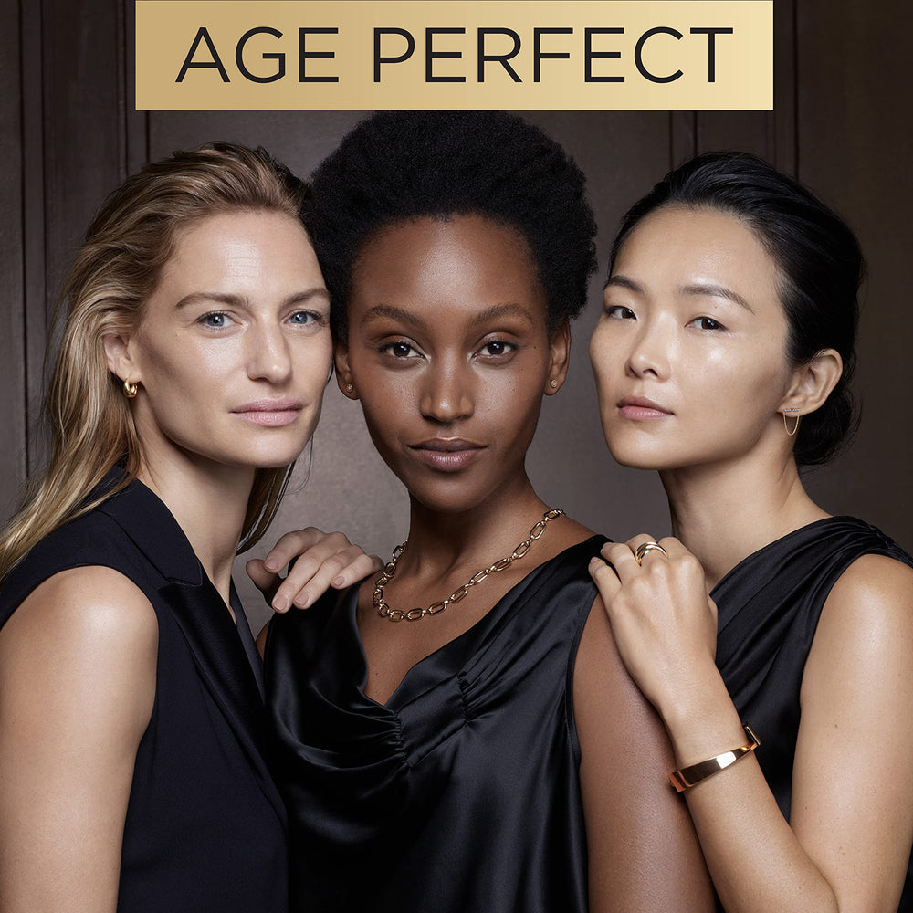 L'Oreal Paris Age Perfect Eye Cream packaging box emphasizes fragrance-free, paraben-free, and mineral oil-free formula.