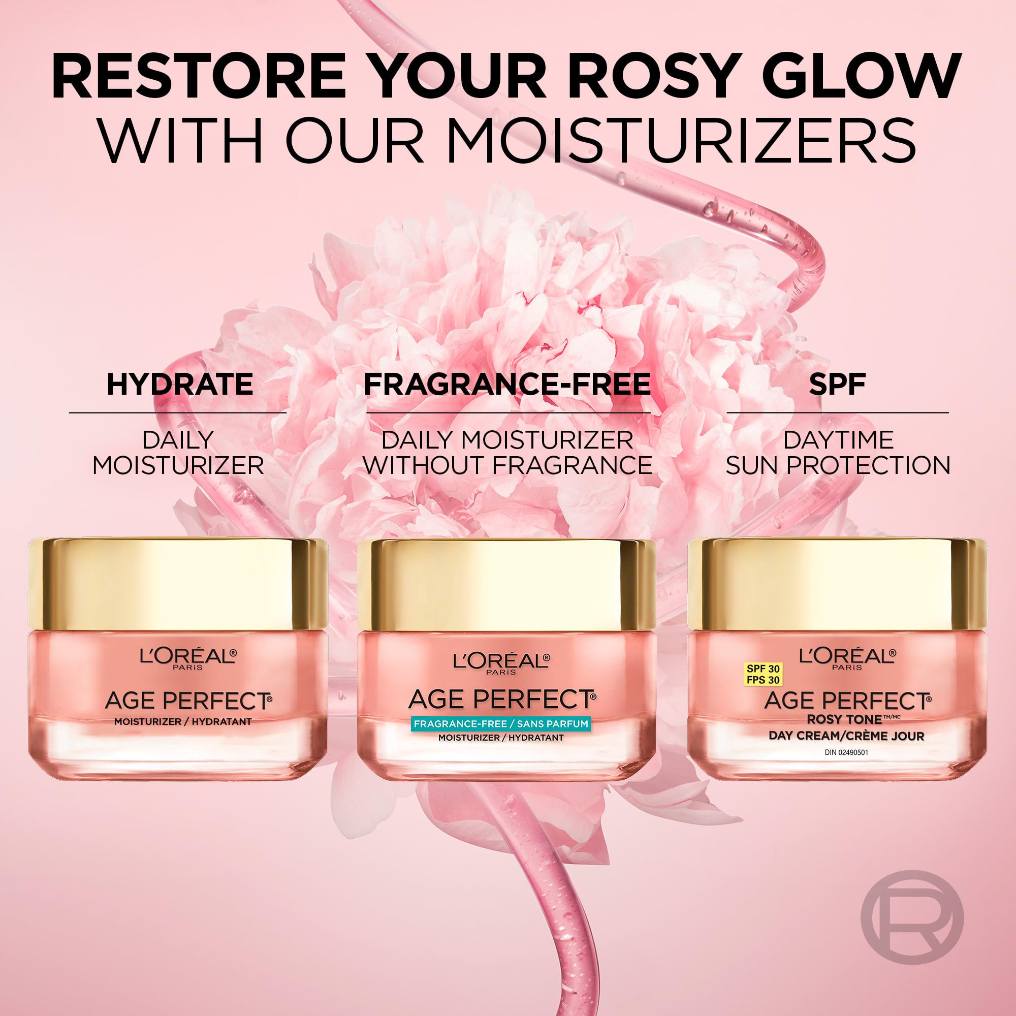 L'Oreal Paris Age Perfect close-up emphasizes skin hydration and smooth texture after use.
