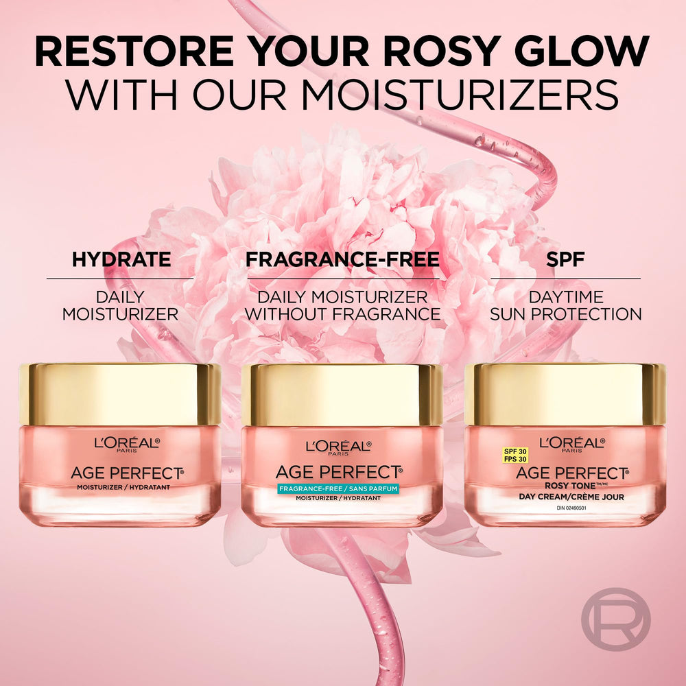 L'Oreal Paris Age Perfect close-up emphasizes skin hydration and smooth texture after use.