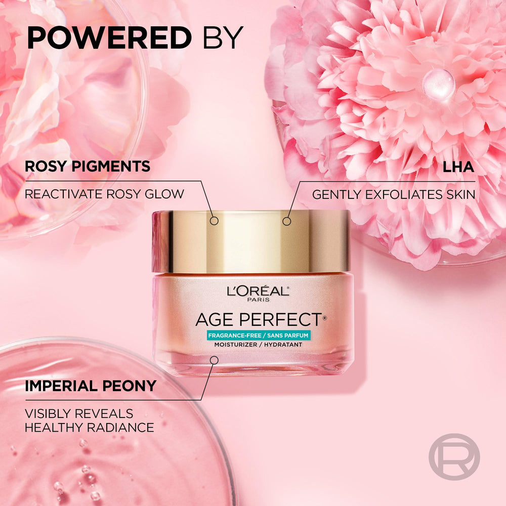 L'Oreal Paris Age Perfect jar with imperial peony illustration signals gentle exfoliation and renewal.