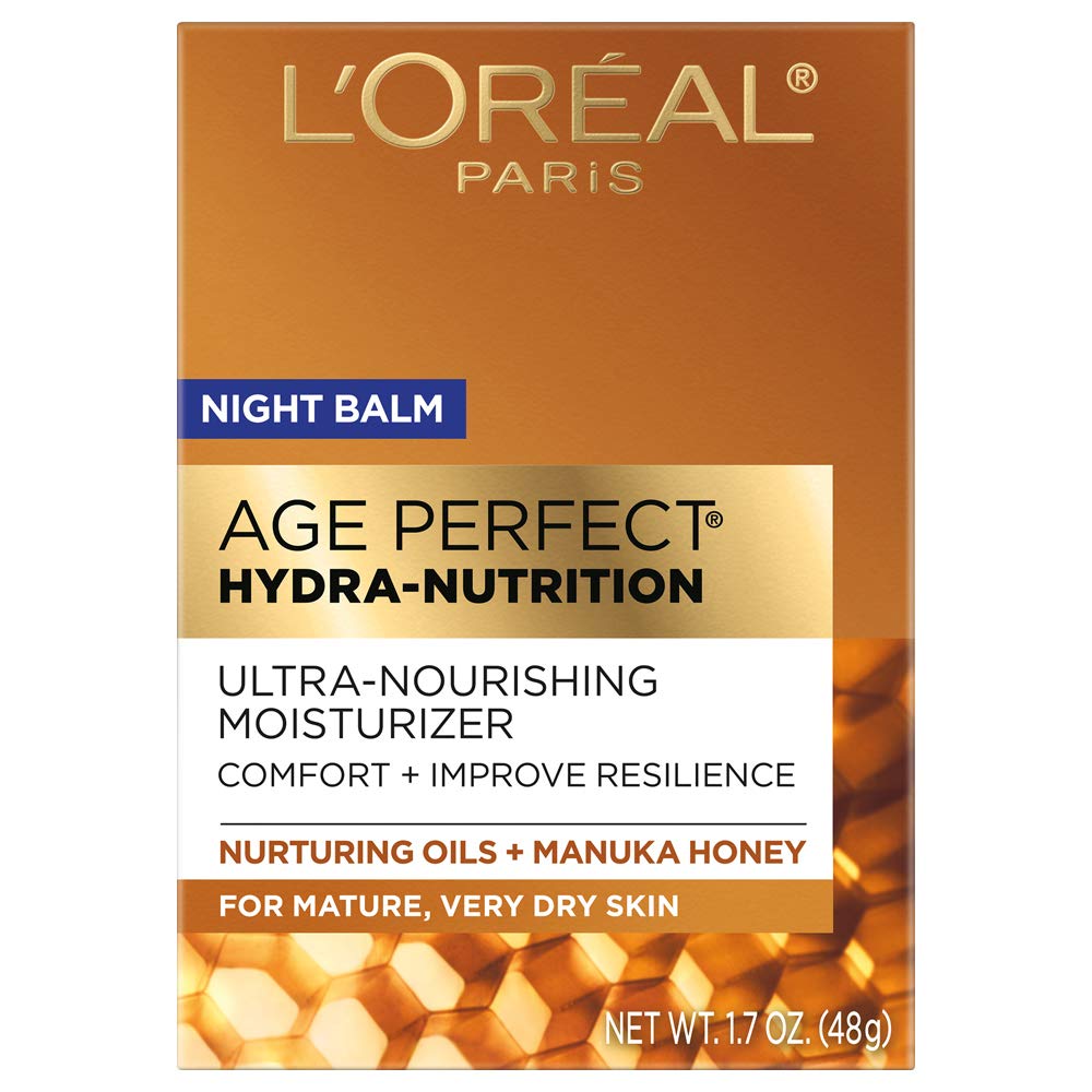 L'Oreal Paris Age Perfect Night Balm jar closeup shows honey-rich texture for dry skin comfort.