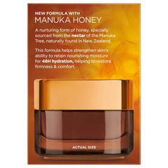 L'Oreal Paris Age Perfect Night Balm texture swipe highlights 48-hour hydration and non-greasy finish.