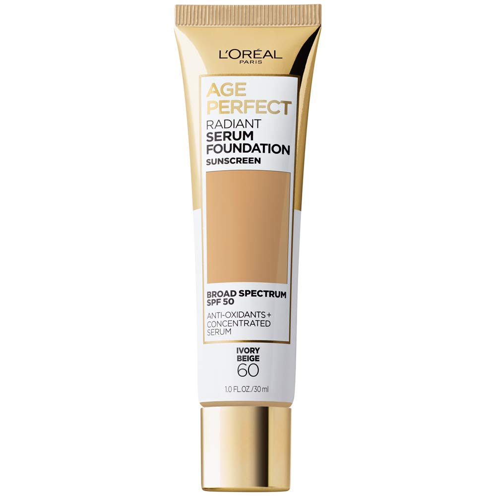 L’Oréal Paris Age Perfect Radiant Serum Foundation bottle closeup emphasizes hydrating SPF 50 protection.