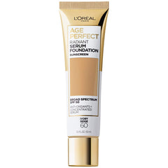 L’Oréal Paris Age Perfect Radiant Serum Foundation bottle closeup emphasizes hydrating SPF 50 protection.