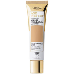 L'Oreal Paris Age Perfect Radiant Serum Foundation close-up bottle promotes hydrated, radiant mature skin.