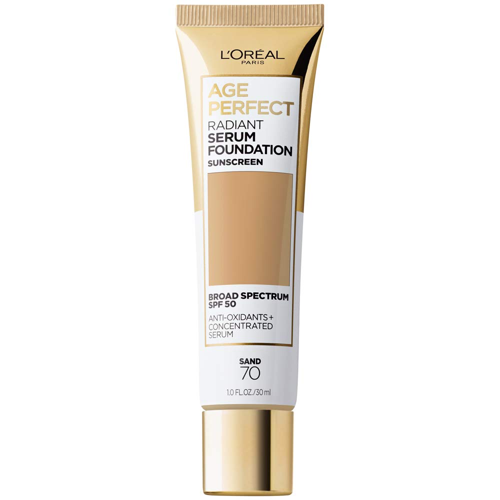 L'Oreal Paris Age Perfect Radiant Serum Foundation Sand bottle provides SPF 50 protection