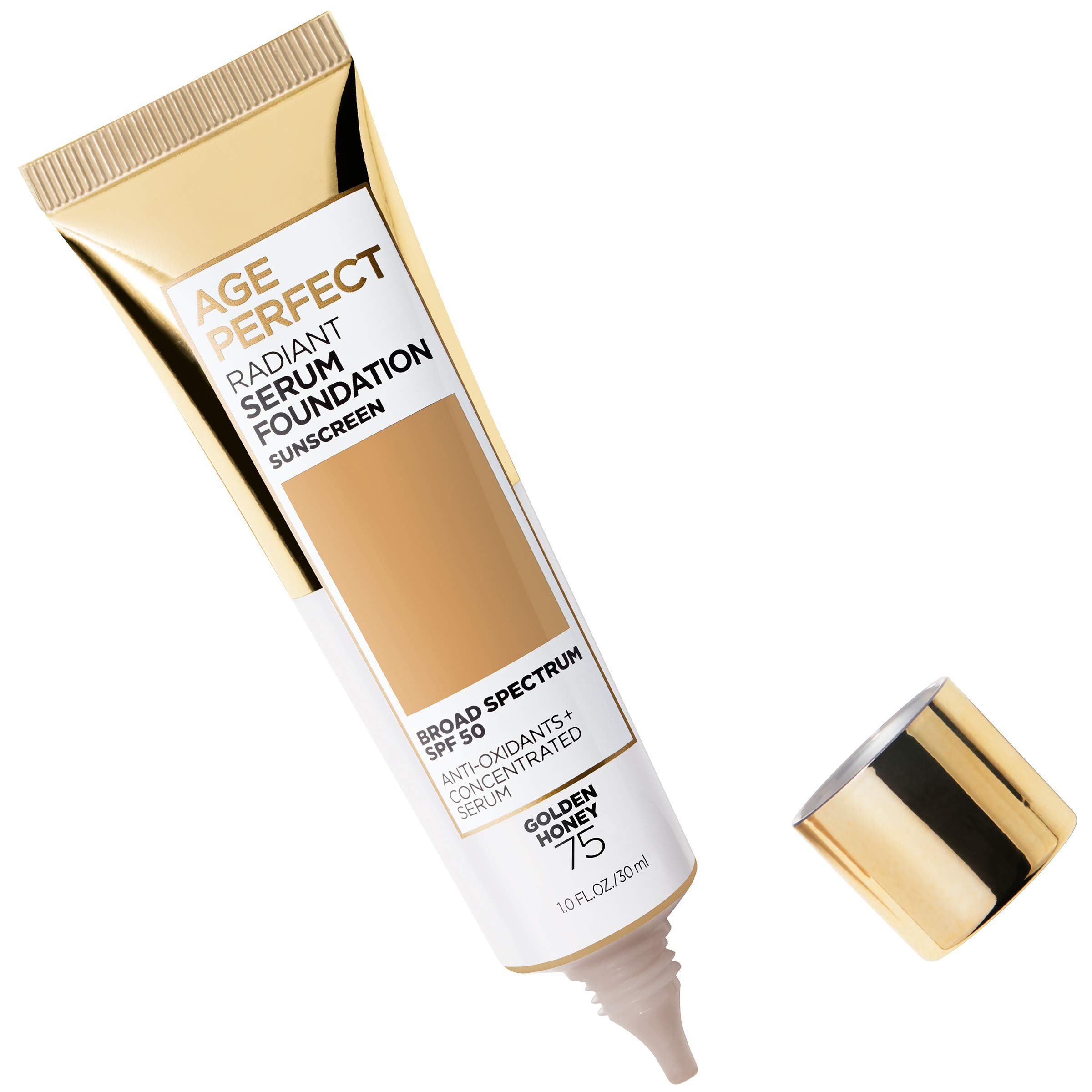 L'Oreal Paris Age Perfect Radiant Serum Foundation SPF 50 highlighting sun protection and hydration