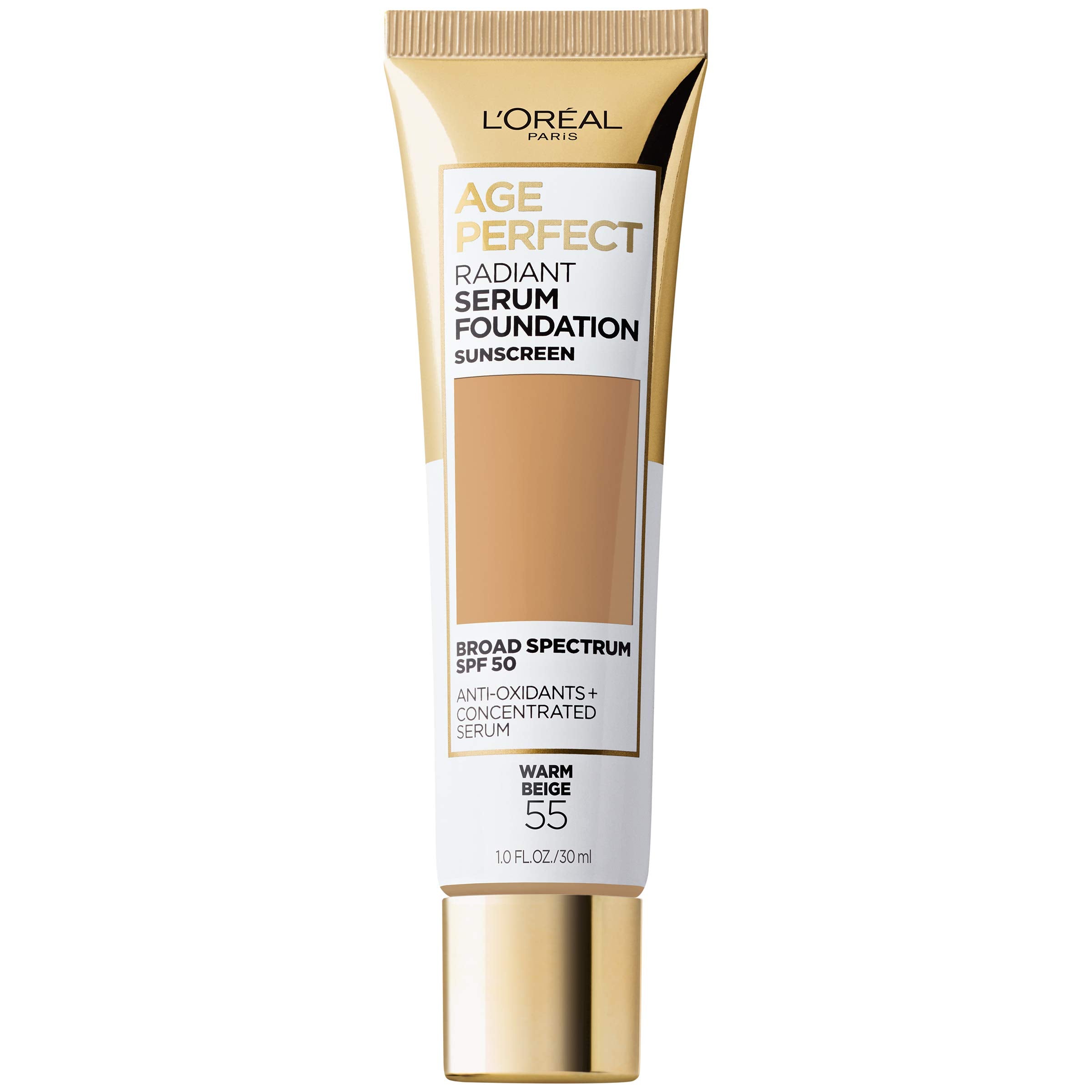L'Oreal Paris Age Perfect Radiant Serum Foundation bottle shows light hydration and sheer coverage