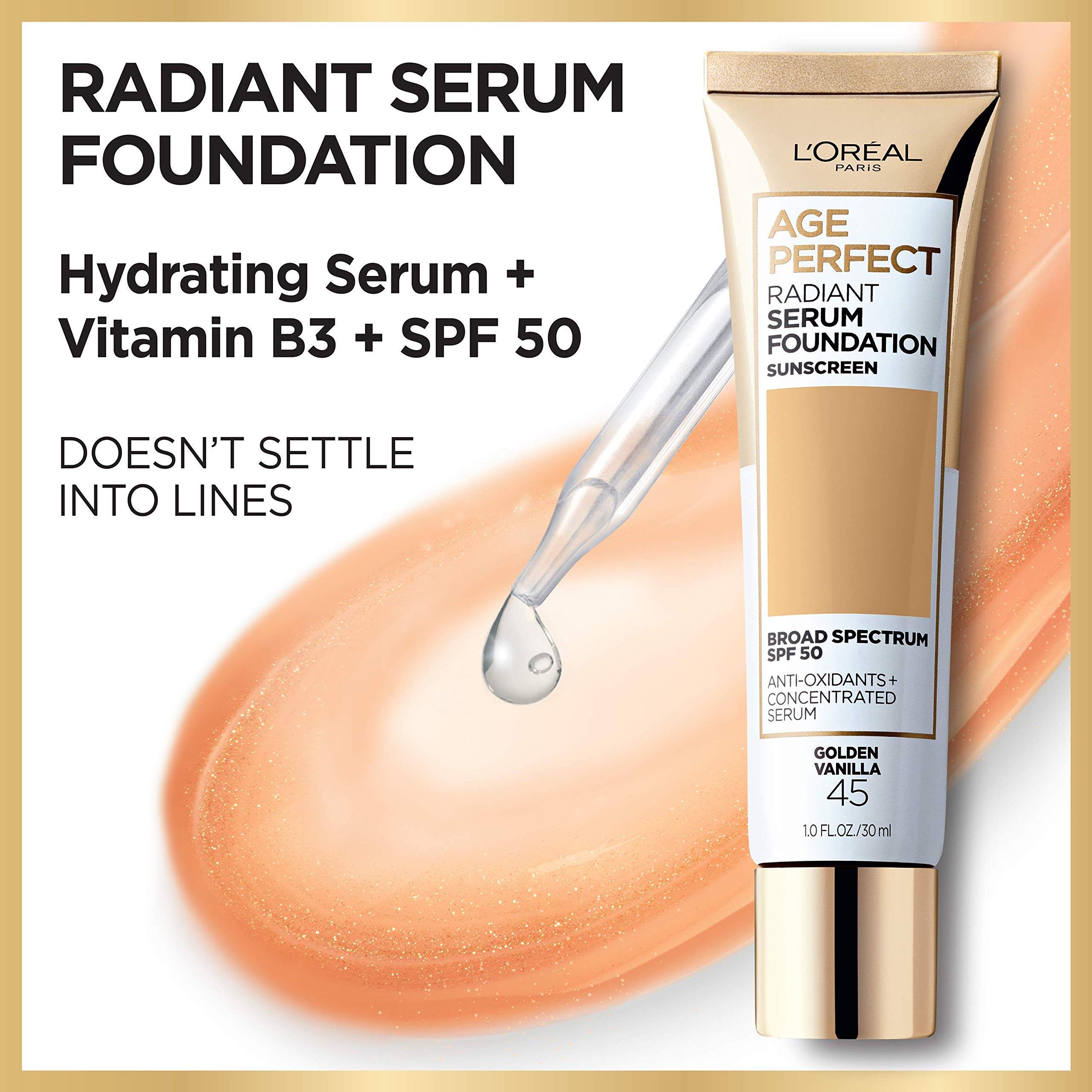 L’Oréal Paris Age Perfect Swirl of Radiant Serum Foundation showing silky texture for sensitive skin.