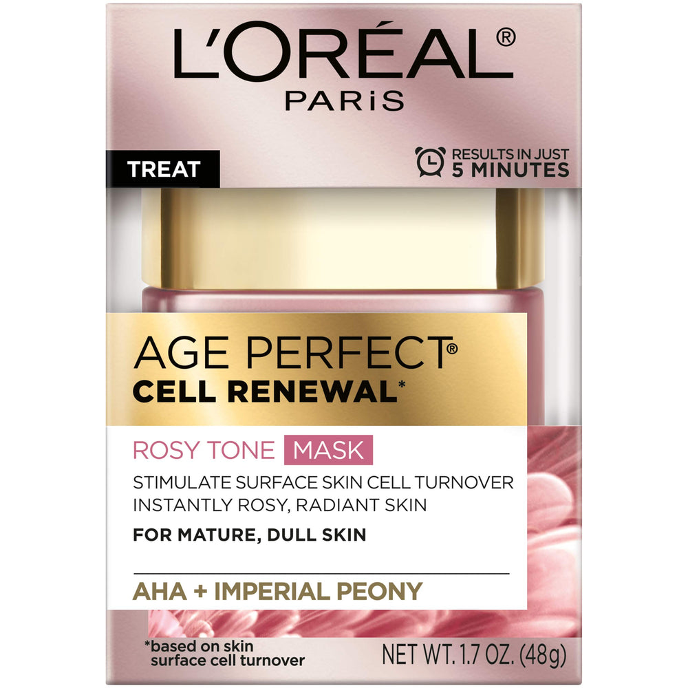 L'Oreal Paris Age Perfect Rosy Tone Mask application demonstrates quick five-minute rejuvenation claim visuals.