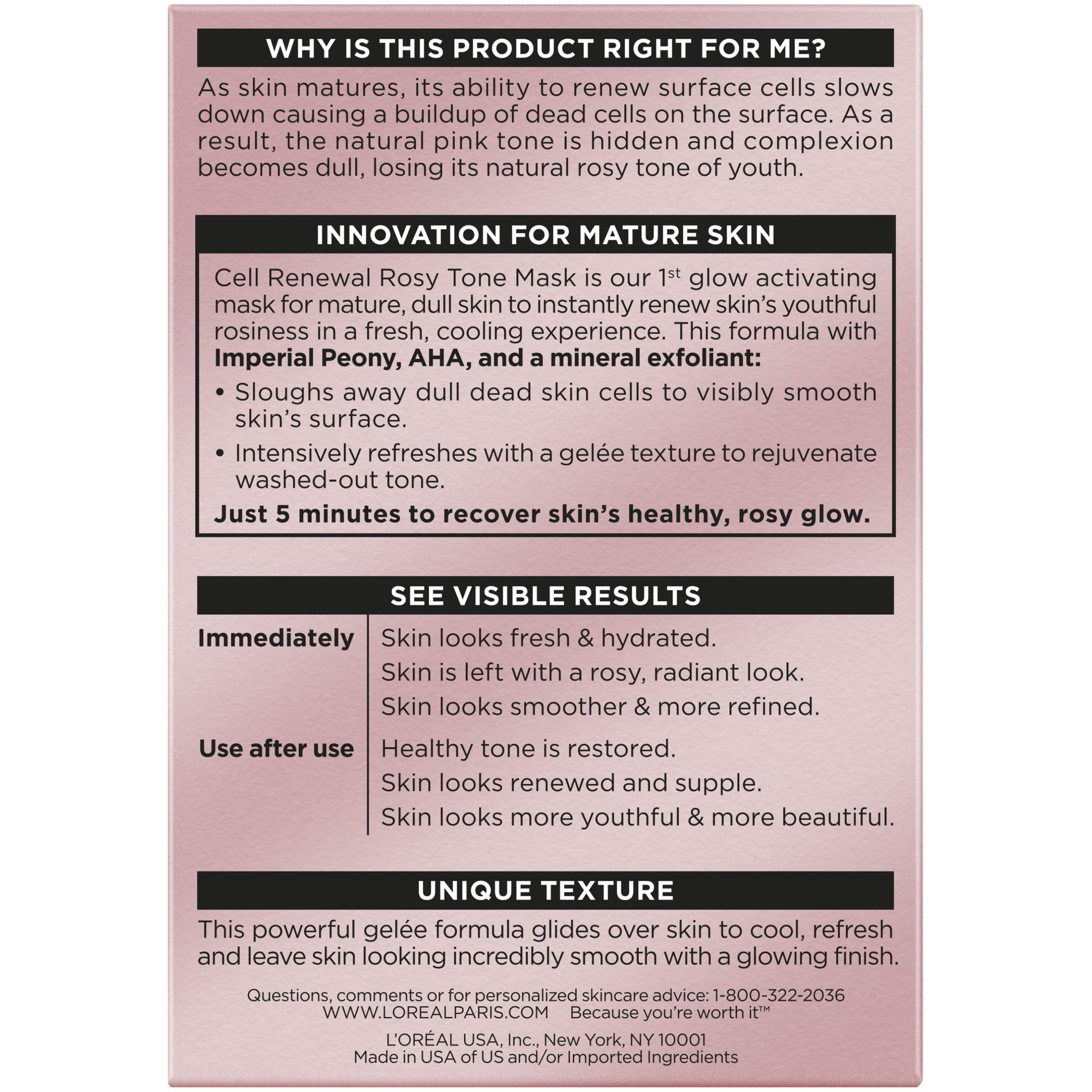 L'Oreal Paris Age Perfect Rosy Tone Mask cooling gel emphasizes refreshing, cooling sensation on mature skin.