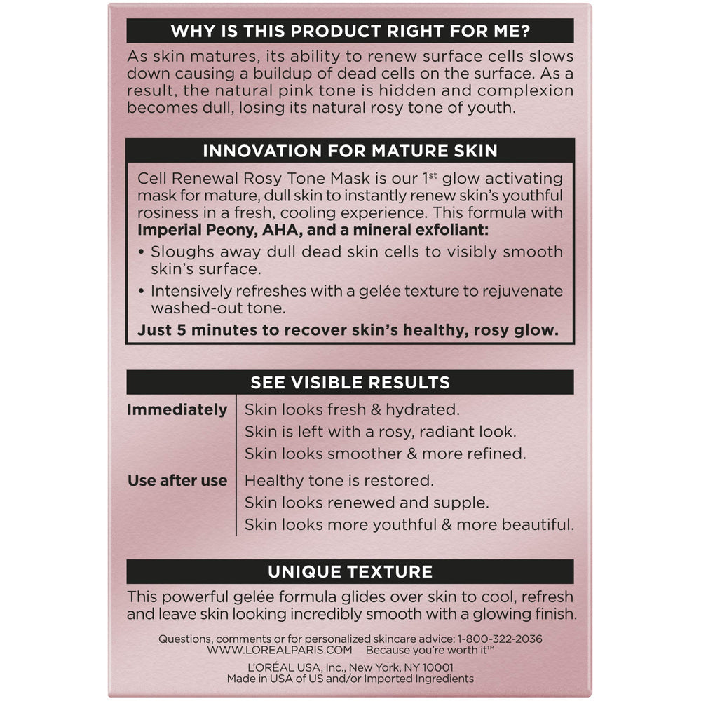 L'Oreal Paris Age Perfect Rosy Tone Mask cooling gel emphasizes refreshing, cooling sensation on mature skin.