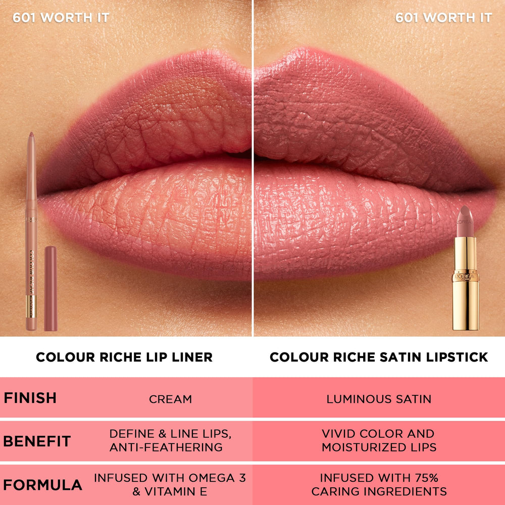 L'Oreal Paris All About Pink shade swatch on lips for neutral rose look.