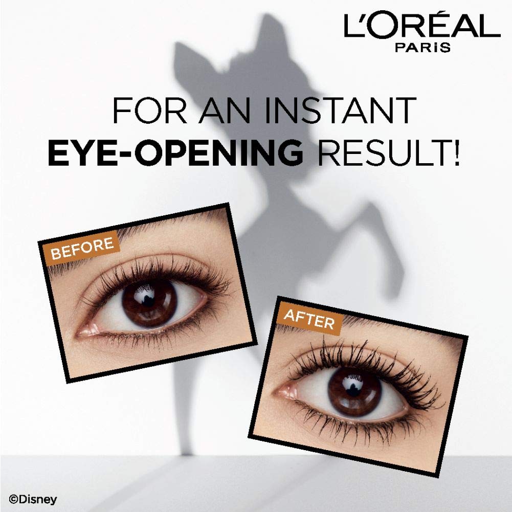 L'Oreal Paris Bambi Eye Mascara before and after lashes with open-eye effect.