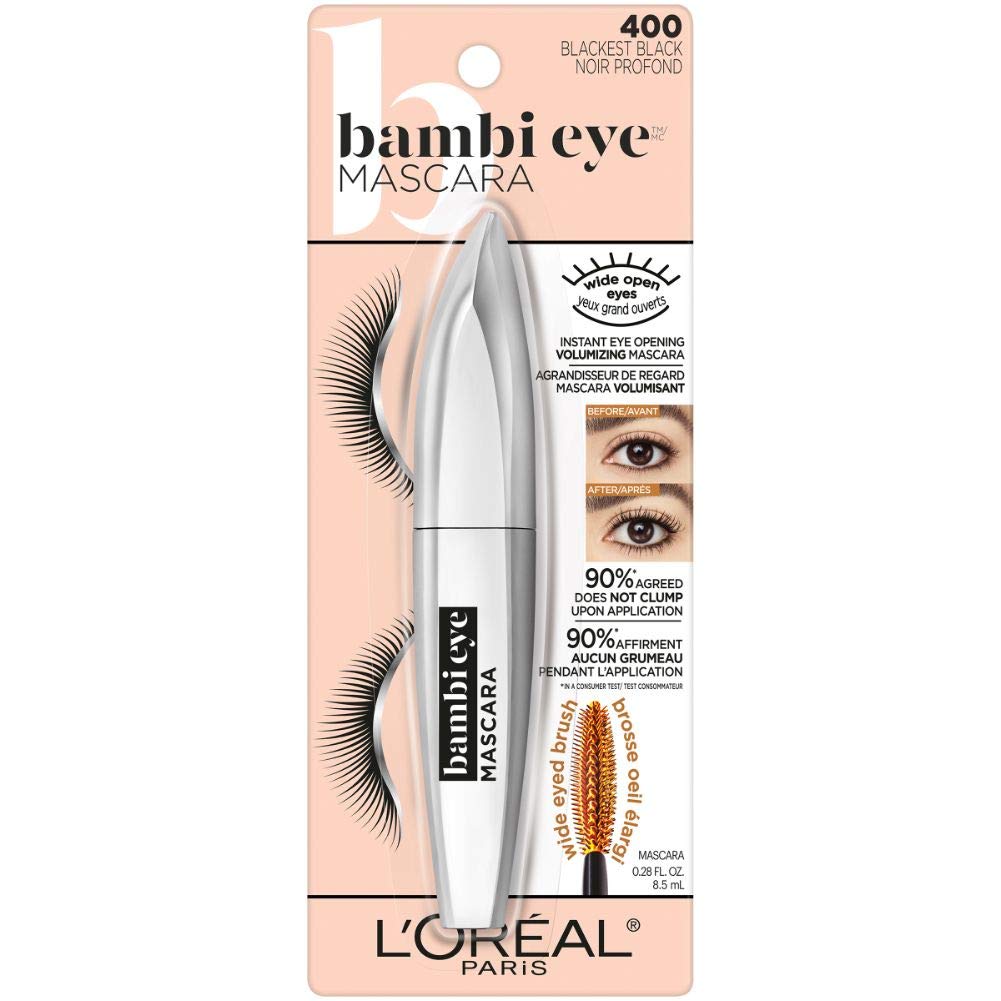 L'Oreal Paris Bambi Eye Mascara wide-eyed brush highlighting curling and length.