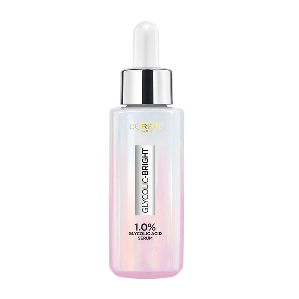 L'Oreal Paris Brightening Serum bottle close-up hints at radiant skin.