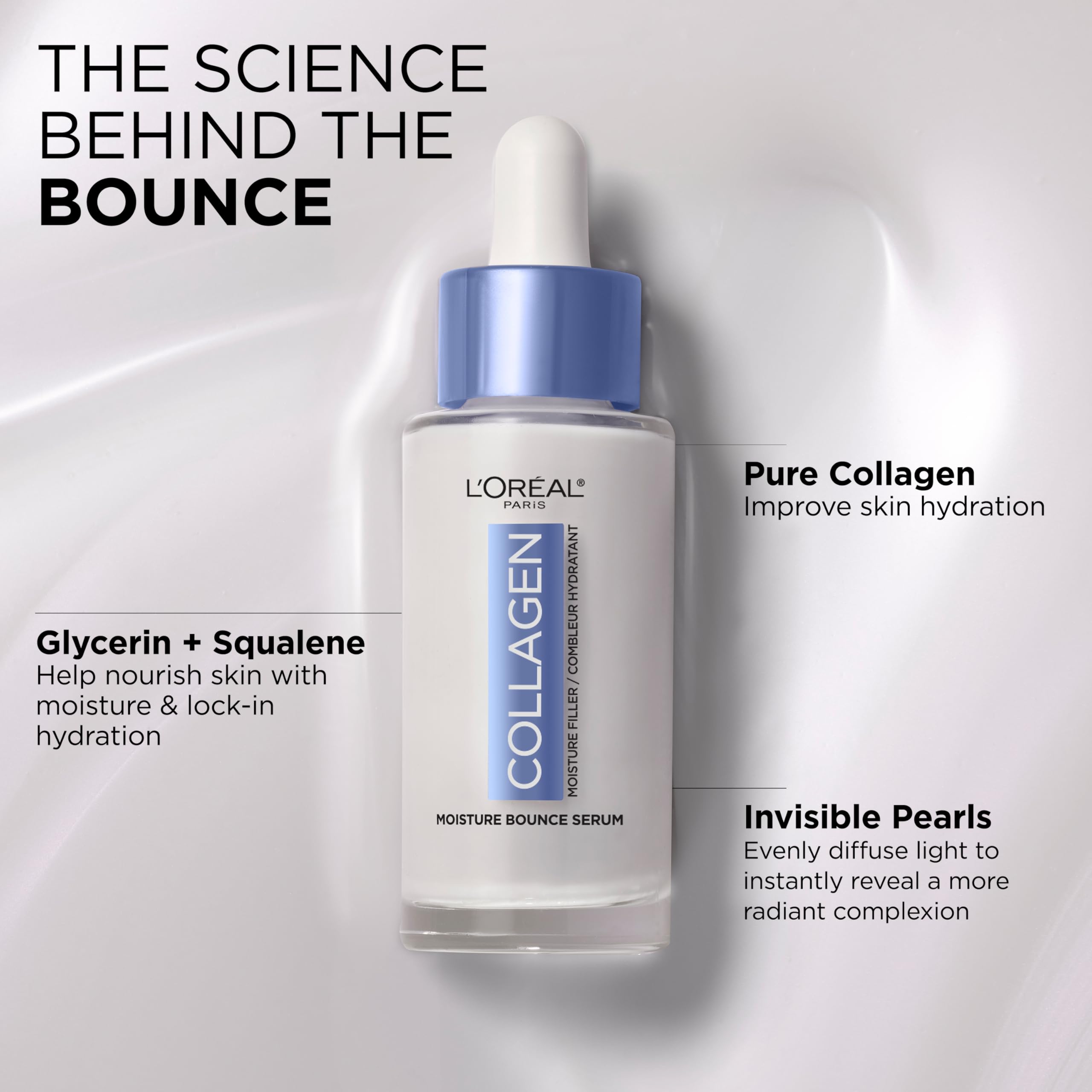Loreal Paris Collagen Moisture Filler serum dispense demonstrates fast-absorbing formula.