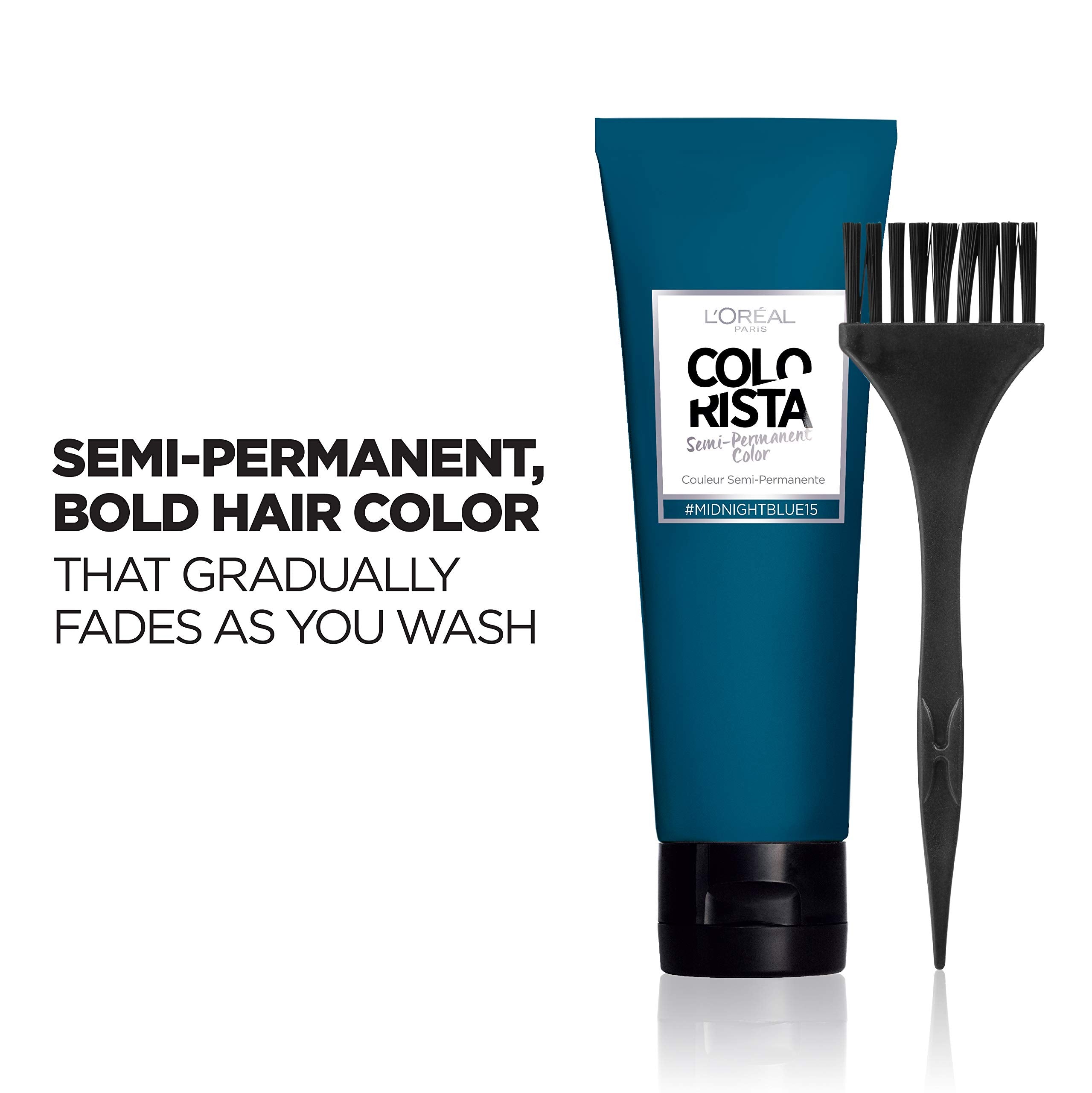 L’Oréal Paris Colorista Midnight Blue swirl demonstrating direct-dye tint for brunettes.