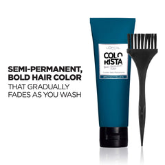 L’Oréal Paris Colorista Midnight Blue swirl demonstrating direct-dye tint for brunettes.