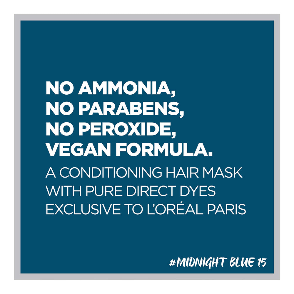 L’Oréal Paris Colorista Midnight Blue on brunette hair displays vivid, wash-out semi-permanent color.