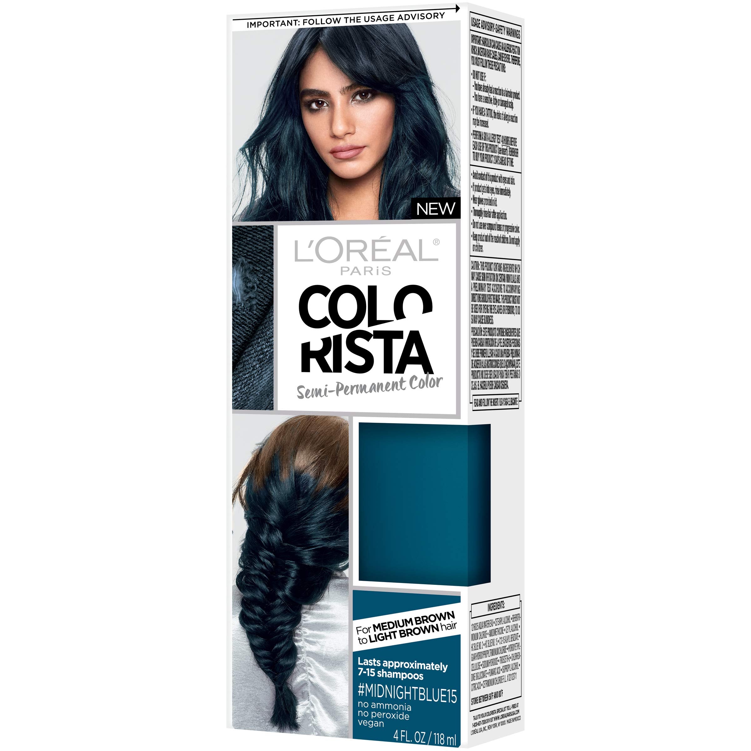 L’Oréal Paris Colorista Midnight Blue packaging and simple at-home application guide.