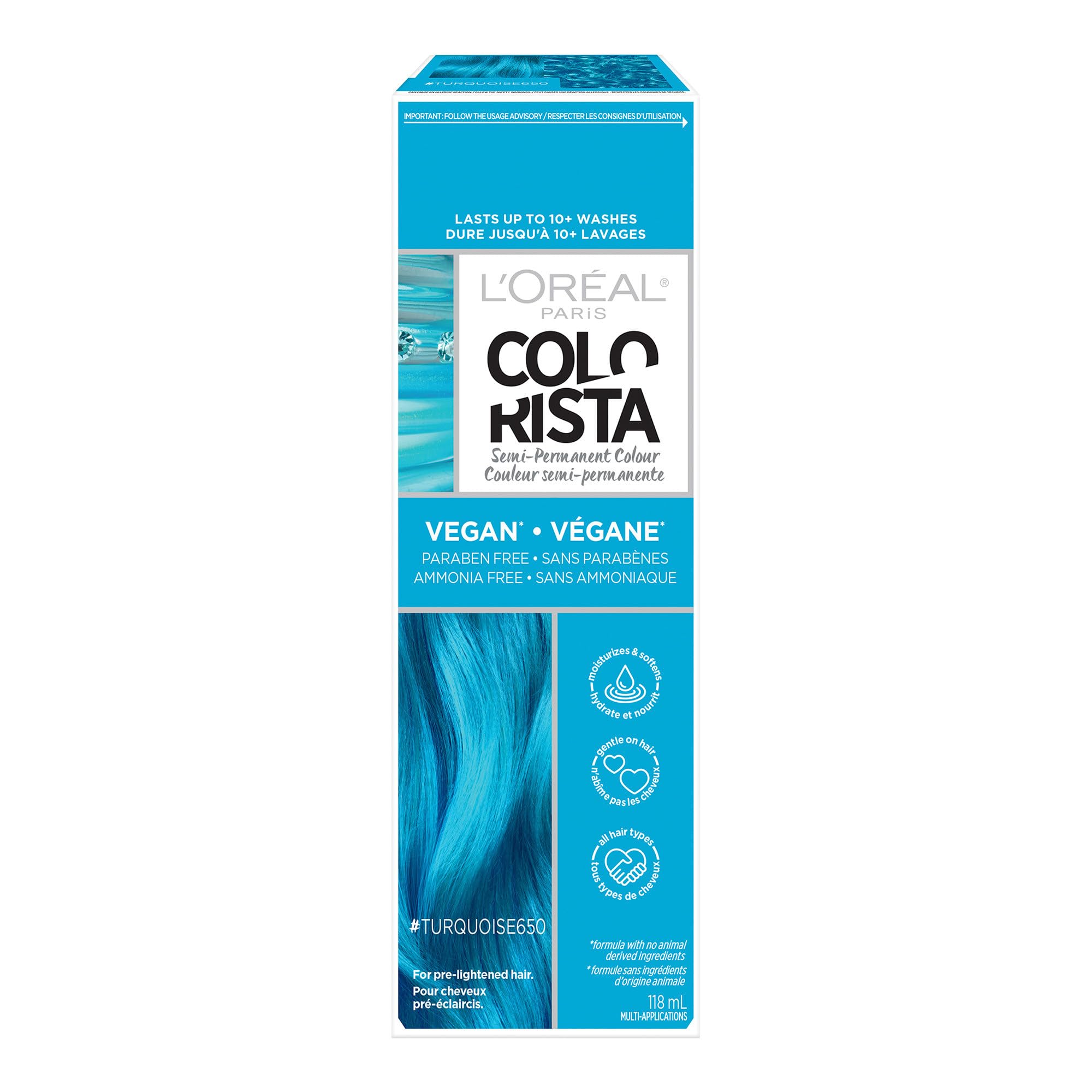 L'Oreal Paris Colorista turquoise bottle shows color-depositing formula for blonde hair.