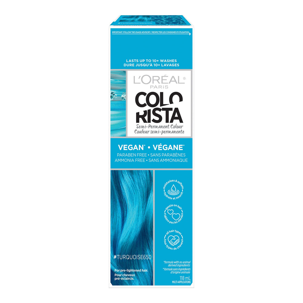 L'Oreal Paris Colorista turquoise bottle shows color-depositing formula for blonde hair.