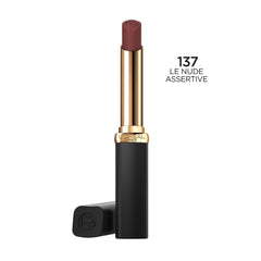 L\'Oreal Paris Colour Riche Intense Volume Matte closeup shows hyaluronic acid for comfortable lips.