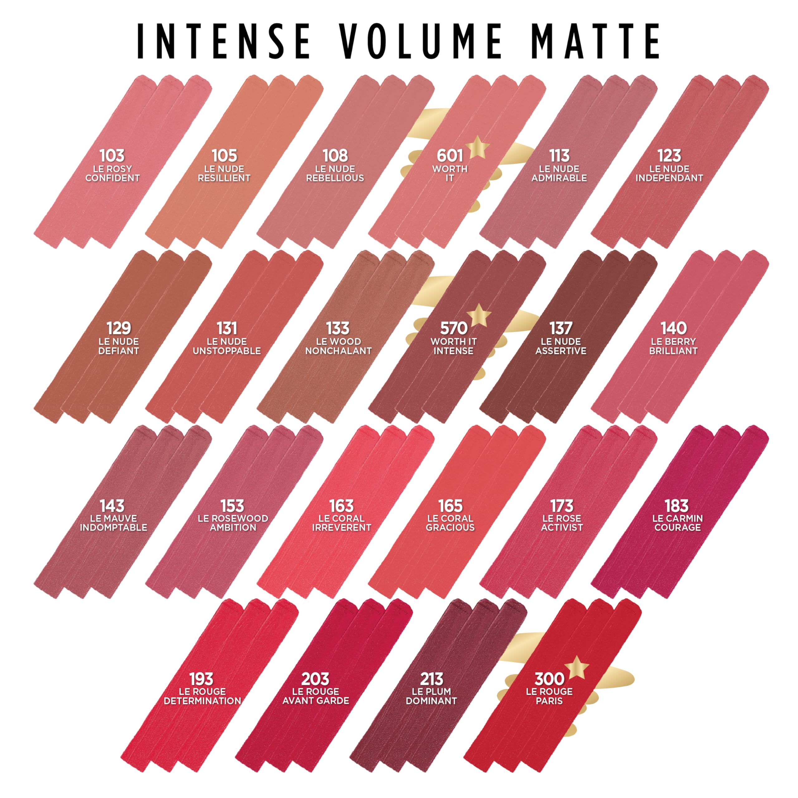 L'Oréal Paris Colour Riche Intense Volume Matte lipstick infused with hyaluronic acid for comfort.