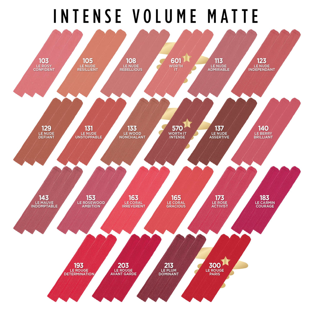 L'Oréal Paris Colour Riche Intense Volume Matte lipstick infused with hyaluronic acid for comfort.