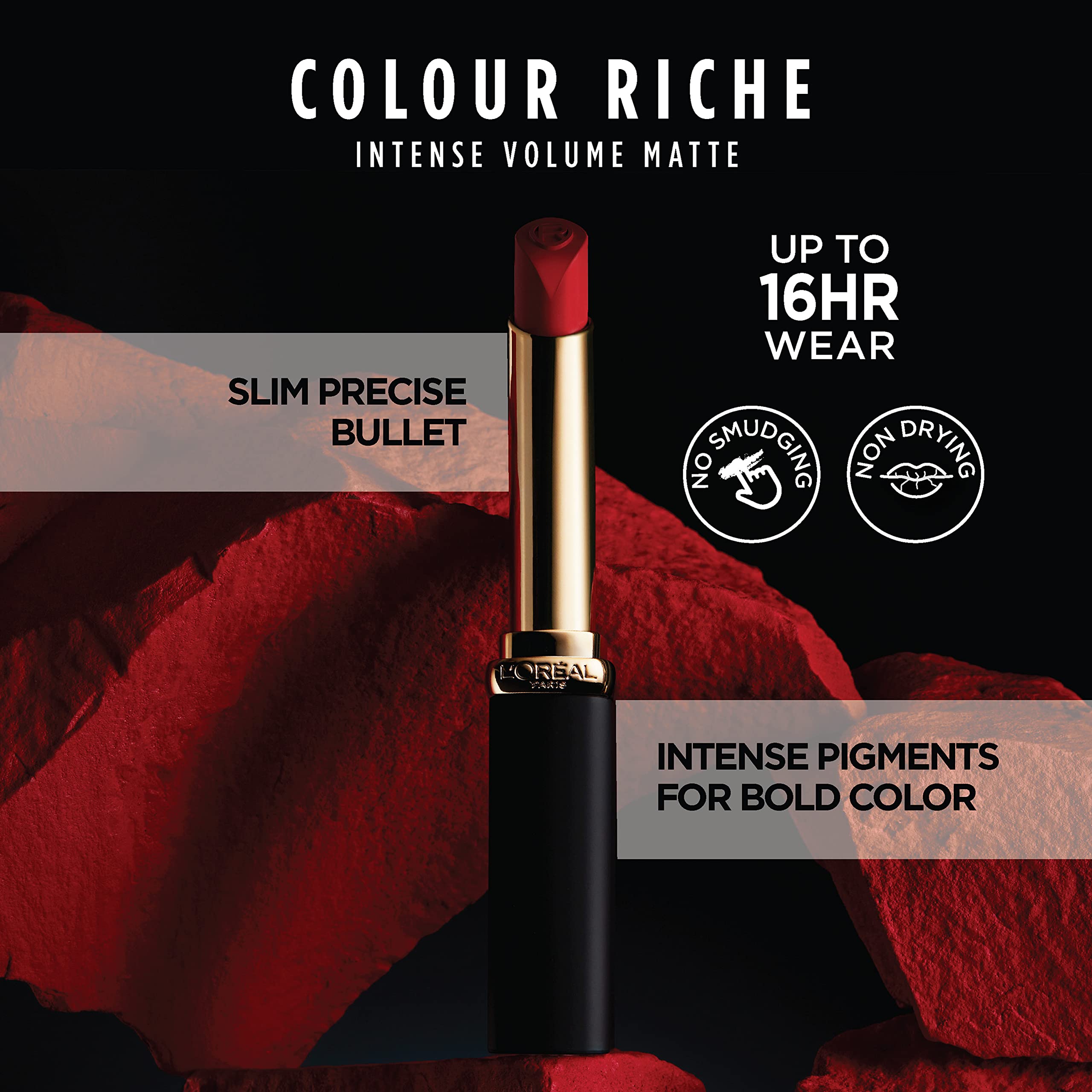 L'Oréal Paris Colour Riche Intense Volume Matte lipstick slim-bullet precision enables contour lining.