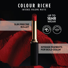 L'Oréal Paris Colour Riche Intense Volume Matte lipstick slim-bullet precision enables contour lining.