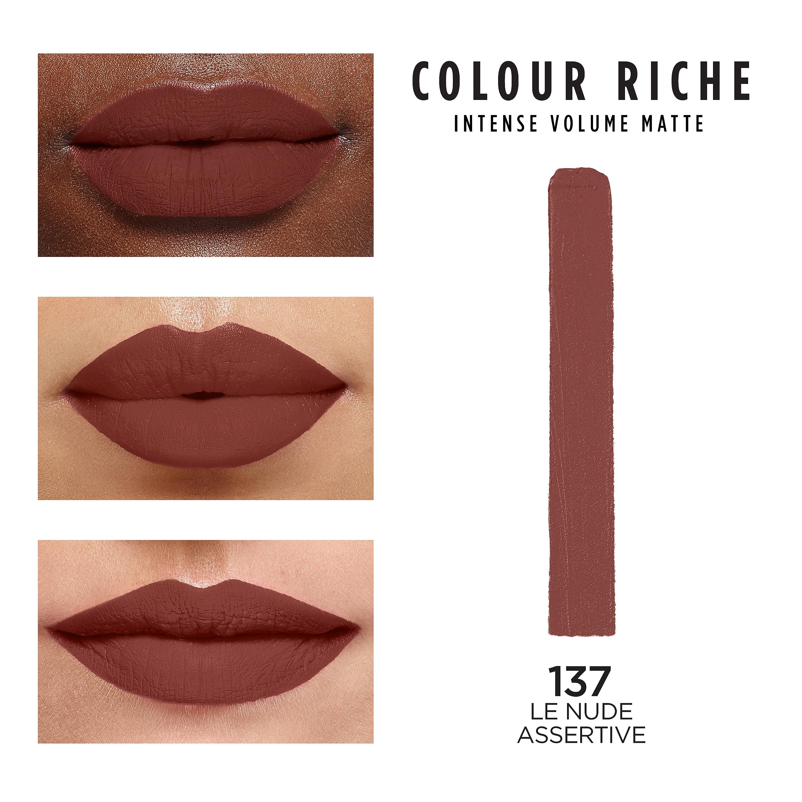 L\'Oreal Paris Colour Riche Intense Volume Matte swatches across 12 shades for diverse tones.