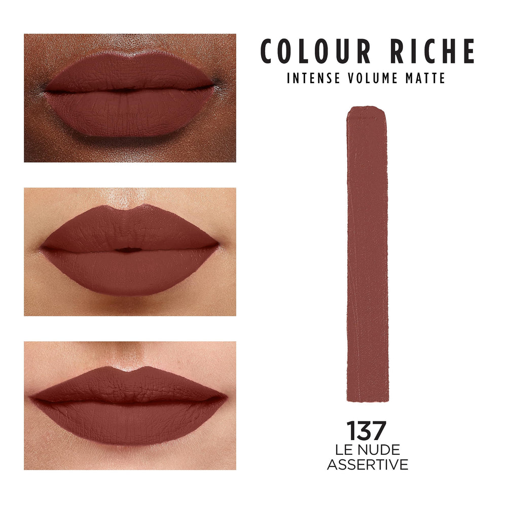 L\'Oreal Paris Colour Riche Intense Volume Matte swatches across 12 shades for diverse tones.