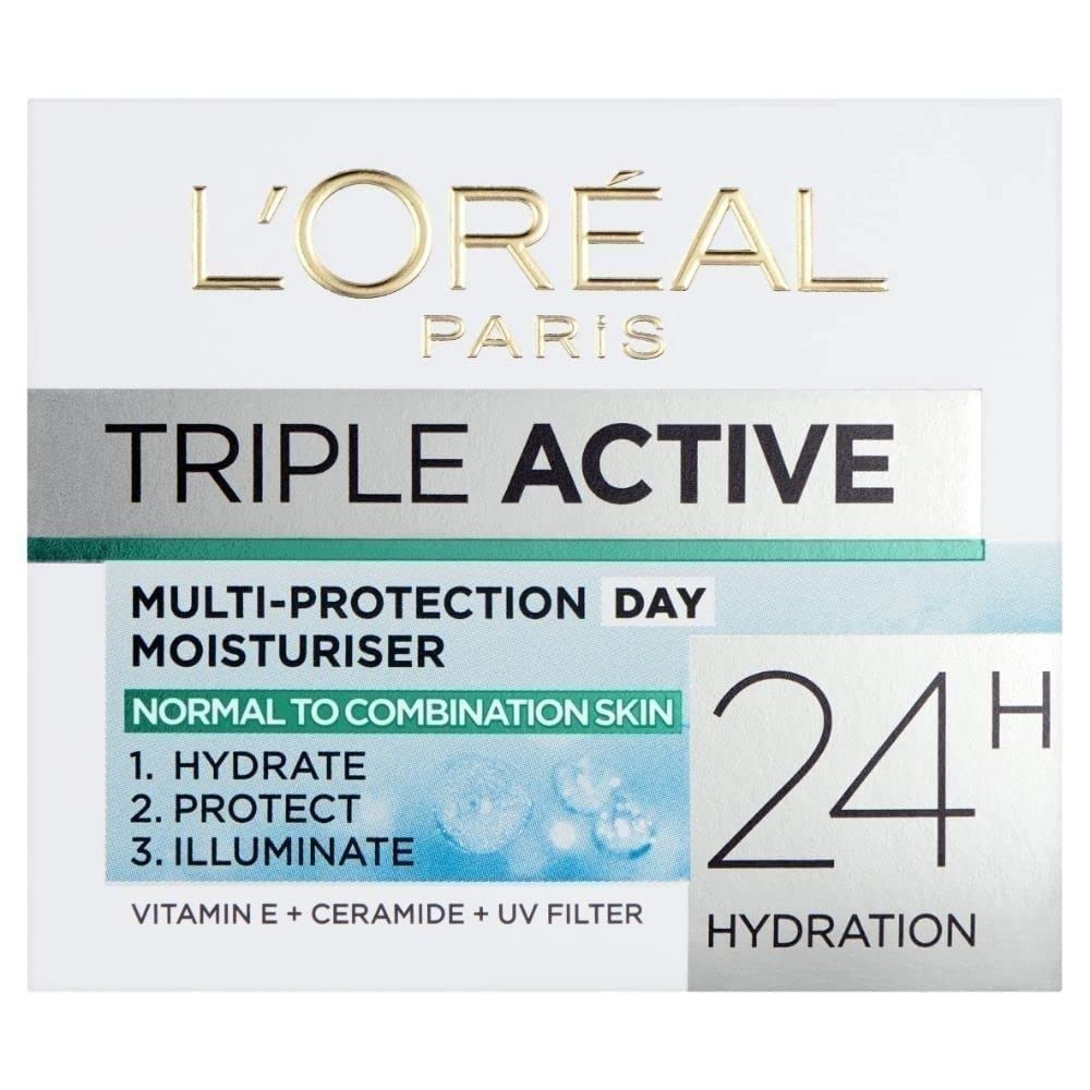 L'Oréal Paris Dermo-Expertise Triple Active Day moisturizer bottle delivers daily hydration and skin protection.