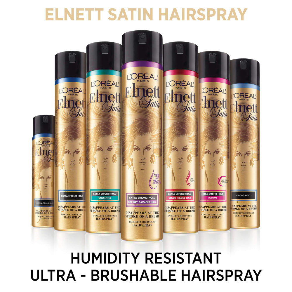 L'Oreal Paris Elnett quick-dry mist image highlighting fast set while brushing