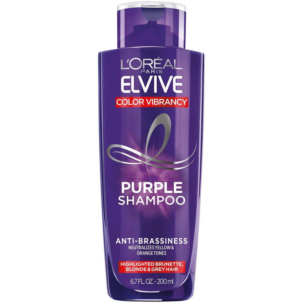L’Oréal Paris Elvive Color Vibrancy purple shampoo bottle for brassy tone neutralization.