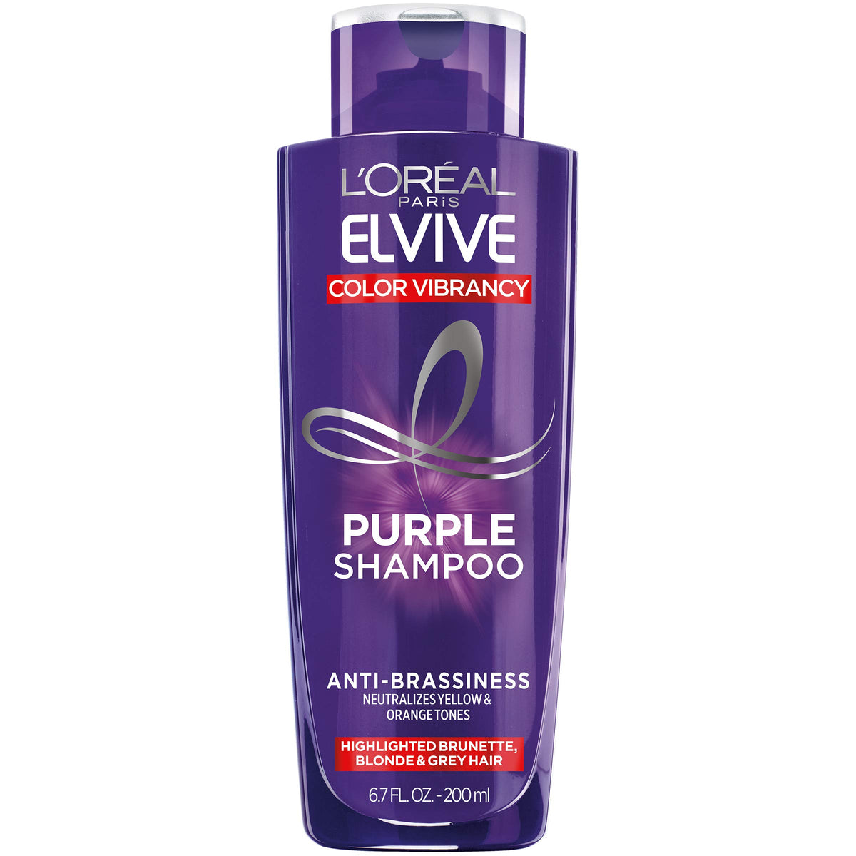 L’Oréal Paris Elvive Color Vibrancy purple shampoo bottle for brassy tone neutralization.