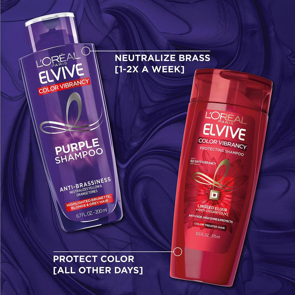 Leave-on 1-3 minute purple shampoo use for tone correction and shine.